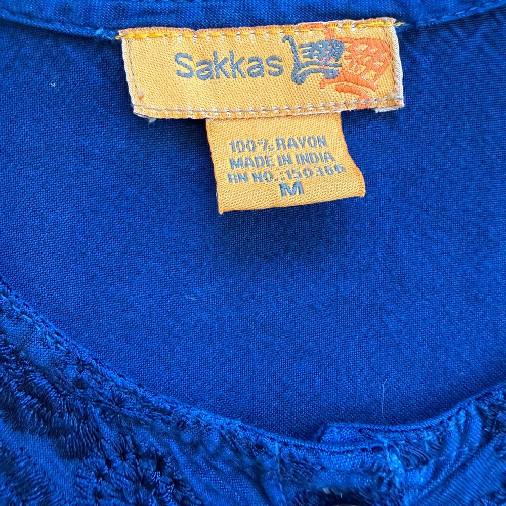 Sakkas Womens Boho Embroidered Bell Sleeve Button Down Blouse Navy Blue Medium - Picture 7 of 10